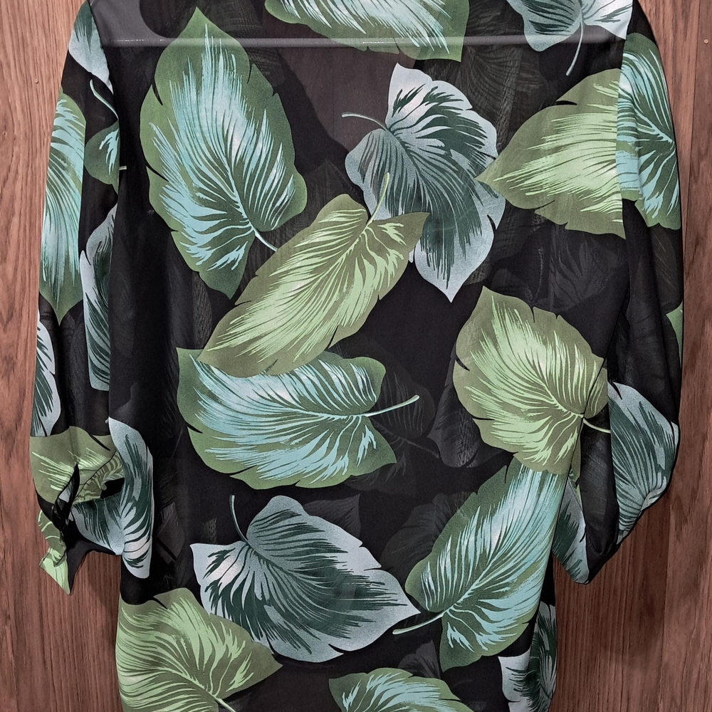 Leaf Print Sheer Blouse - Black and Green - Picture 2 of 3